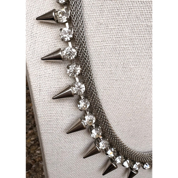 Graziano Silver Tone Mesh w/ Clear Rhinestone & Spikes Necklace Goth Biker Edgy - Picture 3 of 12